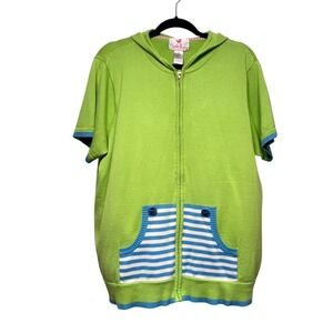 Quaker Factory Lime Green Short Sleeve Zip Up Hoodie Sweater 1X Colorful Grandma